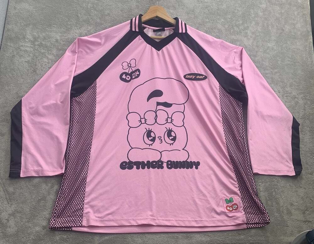 Lazy Oaf x Esther Bunny Football Jersey Adult Size XL Pink Long Sleeve Collab